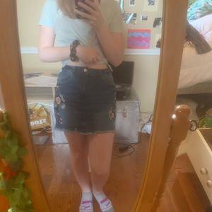 Floral embroidered jean skirt